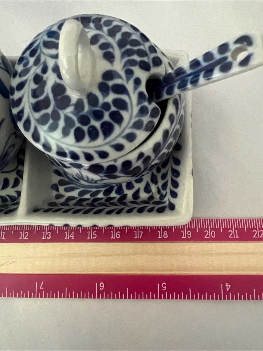 Vintage Blue White Talavera Style Floral Sugar Cream Condiment Set Tray & Spoons